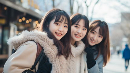 冬休みに出かける仲良し三人組の日本人の女性