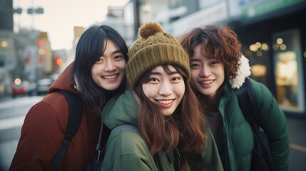 冬休みに出かける仲良し三人組の日本人男女