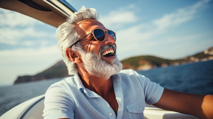 Portrait of happy senior man laughing smiling while sailing a boat in Italy or on vacation - obrazy, fototapety, plakaty