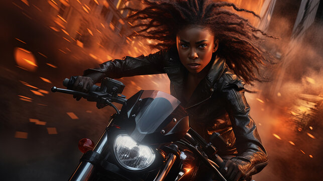 Action shot with black woman on the bike riding away from fire and explosion. Dynamic scene in action movie blockbuster style.