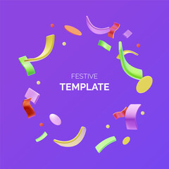 Colorful 3D Party Confetti Isolated on purple background.