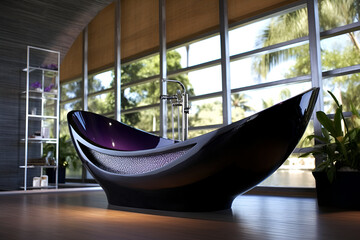Illustration of a modern bathroom design with a black glossy bathtub and a panoramic window. Modern trendy minimal interior decor elements
