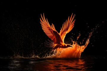 A burst of flaming orange water spills against a gloomy background, evoking a phoenix in flight.