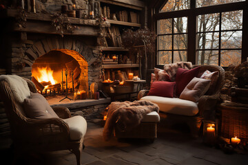 Warm and Cozy Fireplace. A cozy living room scene with a crackling fireplace, adorned with autumn garlands and candles. This image conveys the warmth and comfort of spending Thanksgiving indoors.
