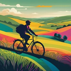 Fototapeta premium psychedelic illustration of a person enjoying a leisurely bike ride, sunset in the countryside