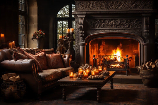 Warm and Cozy Fireplace. A cozy living room scene with a crackling fireplace, adorned with autumn garlands and candles. This image conveys the warmth and comfort of spending Thanksgiving indoors.