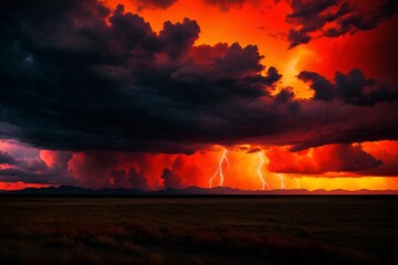 Fiery Red and Black Sky Clouds Dramatic Fantasy Scene with Thunderclouds