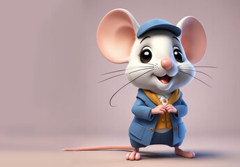 cartoon mouse in a cute blue suit with a beret on a solid background