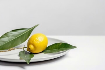 Lemon on plate and white background with close-up of white leaves. Generative AI
