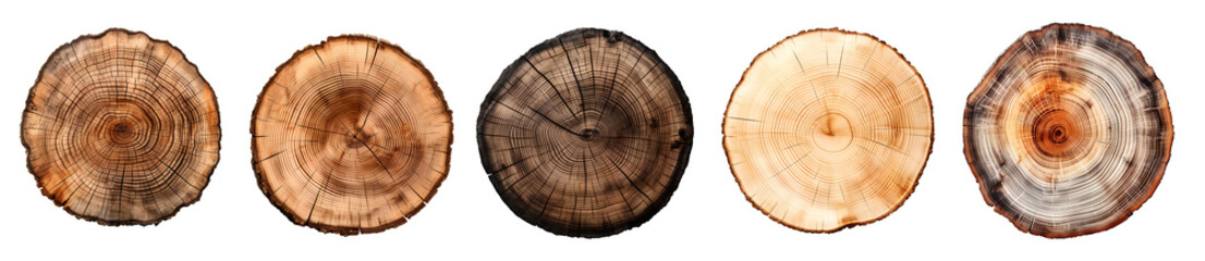 Round wooden tree slice trunk stump wood on transparent background cutout, PNG file. Many assorted different Mockup template for artwork design - obrazy, fototapety, plakaty
