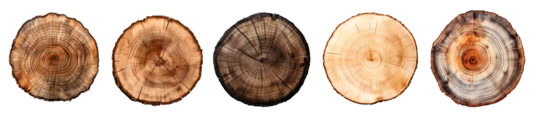Wandaufkleber Round wooden tree slice trunk stump wood on transparent background cutout, PNG file. Many assorted different Mockup template for artwork design © Sandra Chia