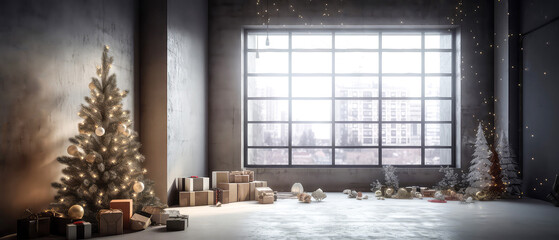 Naklejka premium Loft apartment, room decorated Christmas tree, gift boxes, light, candles on concrete textured place. Photozone. Modern interior mock up for holidays. Gorgeous New Year background. Generative ai.