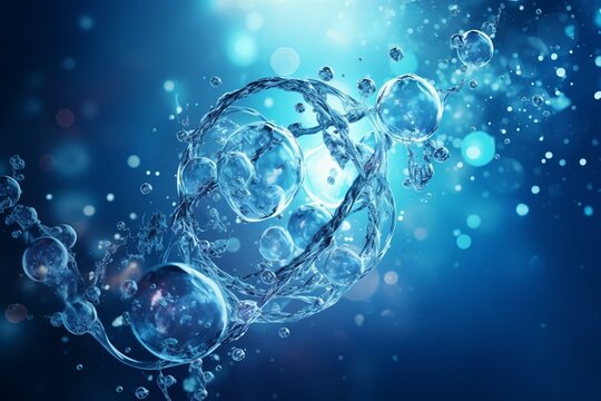Molecule in liquid bubble with DNA water splash background. Generative AI