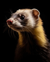 Portrait of a domestic ferret in profile on a black background