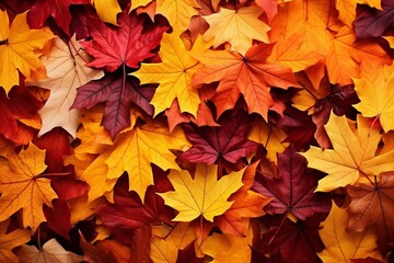 Naklejka na ściany i meble Vibrant autumn wallpaper showcasing falling leaves, offering a natural background for text or graphics. Generative AI
