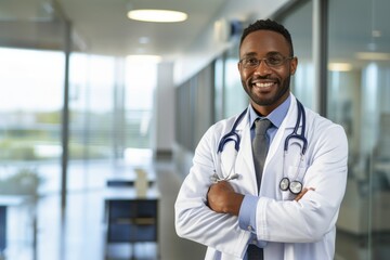 young African American male doctor smiling wearing white lab coat, standing in corridor of new, vibrant ultra modern hospital - obrazy, fototapety, plakaty