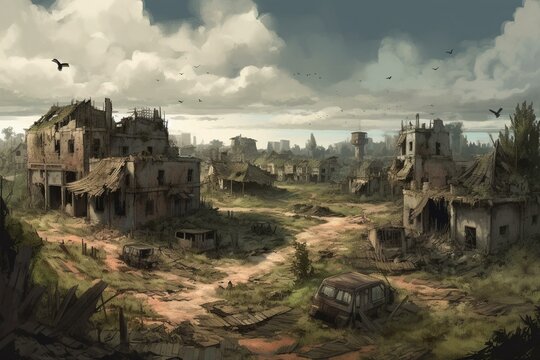 Illustration of a devastated village with ruined buildings and concrete structures amidst war destruction. Generative AI