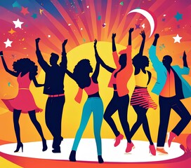 illustration of a group of friends dancing and celebrating at a music festival | party people background | people dancing in the nightclub | people dancing on the party