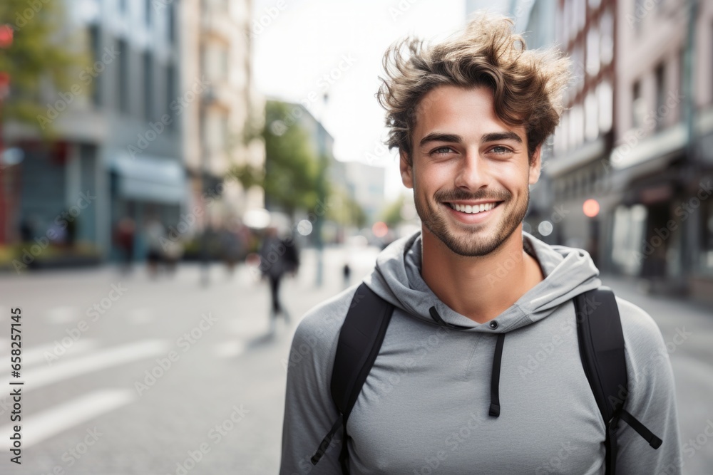 Wall mural Portrait of a young smiling man standing on the city