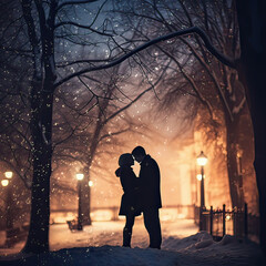 couple in love silhouette.Romantic scene of young couple kissing.Background