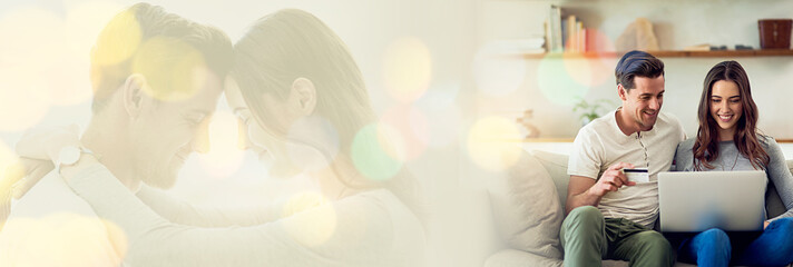 Bokeh, online shopping or happy couple with credit card or laptop in house living room for investment. Computer, search or man with woman make a safe payment on internet website for a discount sale