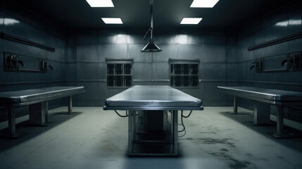 Empty metal bed in autopsy room. The table for dead body. Forensic doctor made autopsy on it. - obrazy, fototapety, plakaty