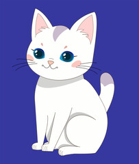 cute White cat with grey spots and big blue eyes sits. Isolated icon, cartoon cat on blue background.
