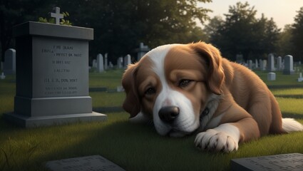 photo of a sad dog in front of his master's grave