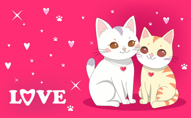 Draw vector illustration character design couple love of cats. Valentine day art cartoon style for postcard or poster. White and beige cute love cats on Pink background.