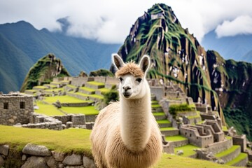 Machu Picchu with Liama Visitor - obrazy, fototapety, plakaty