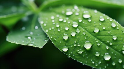 Beautiful water drops after rain on green leaf in sunlight, macro. Many droplets of morning dew outdoor, beautiful round bokeh, selective focus. Amazing artistic image of purity and fresh of nature.