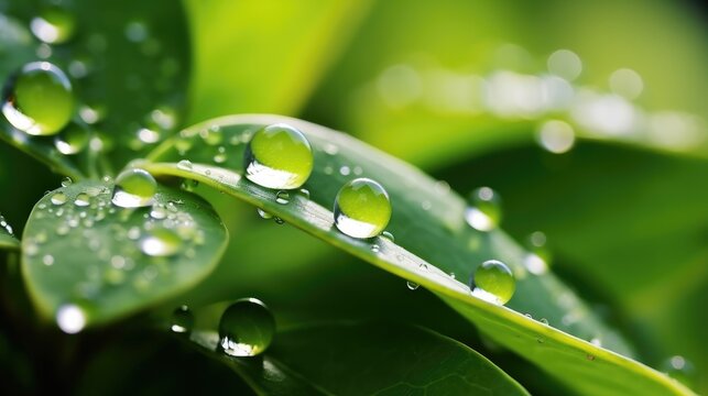 Beautiful water drops after rain on green leaf in sunlight, macro. Many droplets of morning dew outdoor, beautiful round bokeh, selective focus. Amazing artistic image of purity and fresh of nature.