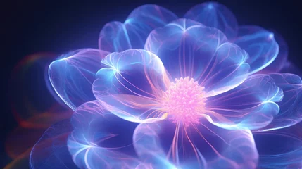 Fotobehang Digital futuristic flower wallpaper, neon light glow blossom wireframe, background with flower cyber hologram in AI generative © Oulailux
