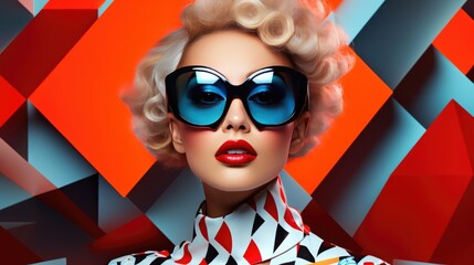 Fashion retro futuristic woman wearing sunglasses. Futuristic pop art fashion girl with geometric pattern background