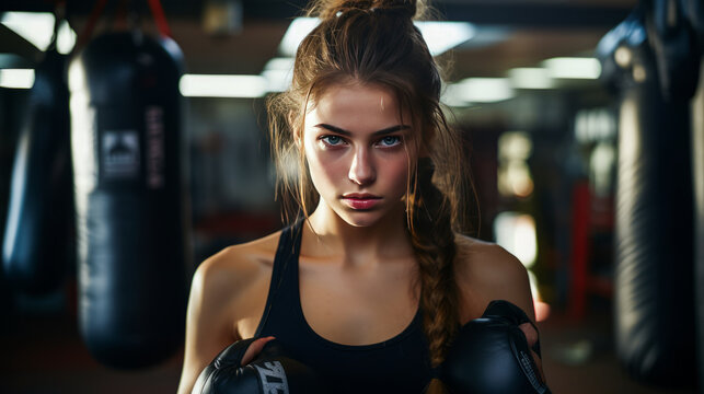 Dramatic teenage girl in fierce, minimalist boxing gym action.