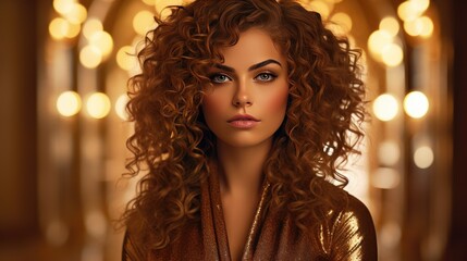 Fototapeta premium Golden dressed woman with curly hair in gold room. Luxury and premium photography for advertising product design. Fashion beautiful ai generated european woman