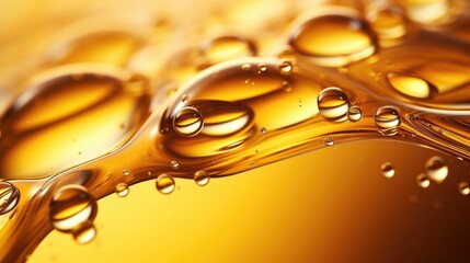 Oil bubbles and drops splash, gold background of droplets merge. AI generative oil drops of gold liquid droplets of serum merging or dissolving in fluid