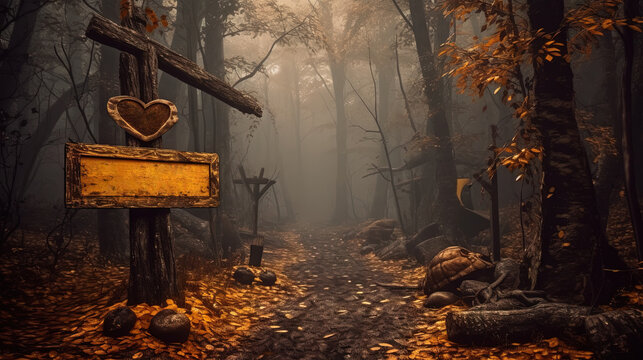 Signboard at the enty of dark fairytale village in Halloween style.