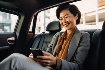Middle aged businesswoman using her smartphone in the backseat of a car