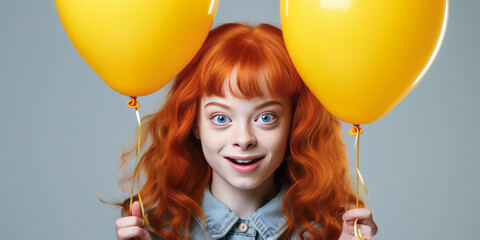 Whimsical red-headed girl making a goofy face and holding a yellow balloon. - obrazy, fototapety, plakaty