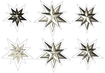 silver shiny five pointed stars sticker set1 - obrazy, fototapety, plakaty