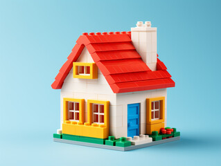 Small single storey house constructed of colorful plastic block. Isolated on solid color background. 
