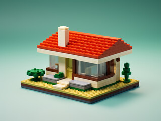Small single storey house constructed of colorful plastic block. Isolated on solid color background. 
