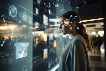 IT Engineer is in Working Data Center, Explaining Things, People and artificial intelligence in action. AI analyzes data and makes decisions.