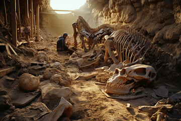 Archaeologist working in field, discovered Dinosaur Skeleton with special tools, archaeological excavations, AI Generative.