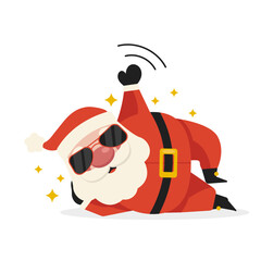 Cartoon Santa Claus walks in sunglasses, lies funny and waves his hand. Merry Christmas. Vector graphic.