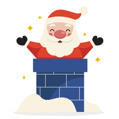 Cartoon Santa Claus looks out of the chimney. Merry Christmas. Vector graphic.