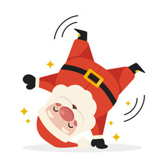 Cartoon Santa Claus tumbles and stands on his hands. Merry Christmas. Vector graphic.