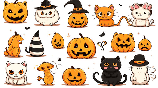 hand draw, 2d, Happy Halloween set of elements, ghost, pumpkin, bat and cat. Vector is cute illustration in hand drawn style isolated on white background. Decorative elements for website, book, postca
