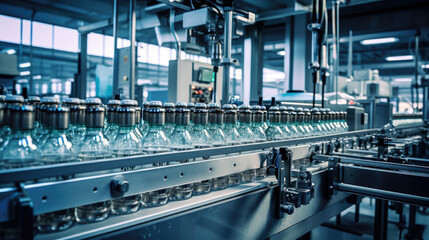 Bottling factory. Drink bottling line for processing and bottling into bottles.